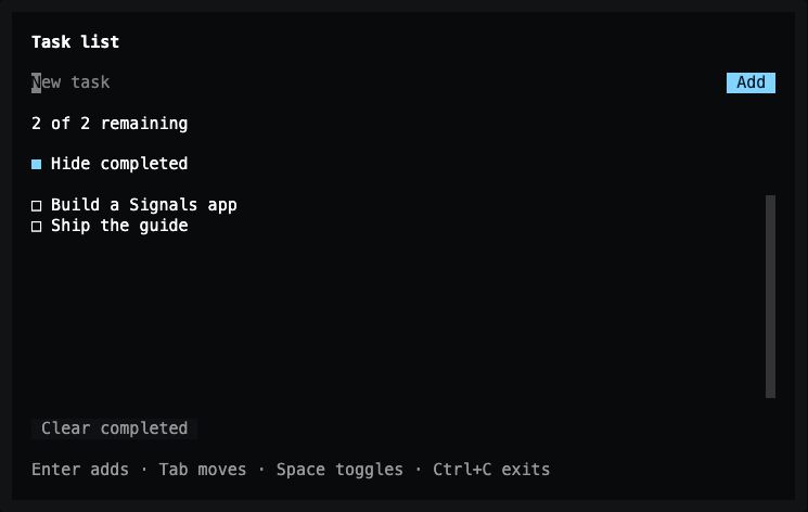 The finished task list: a New task field, an Add button, a summary line, a Hide completed checkbox, two open tasks, and a disabled Clear completed button.
